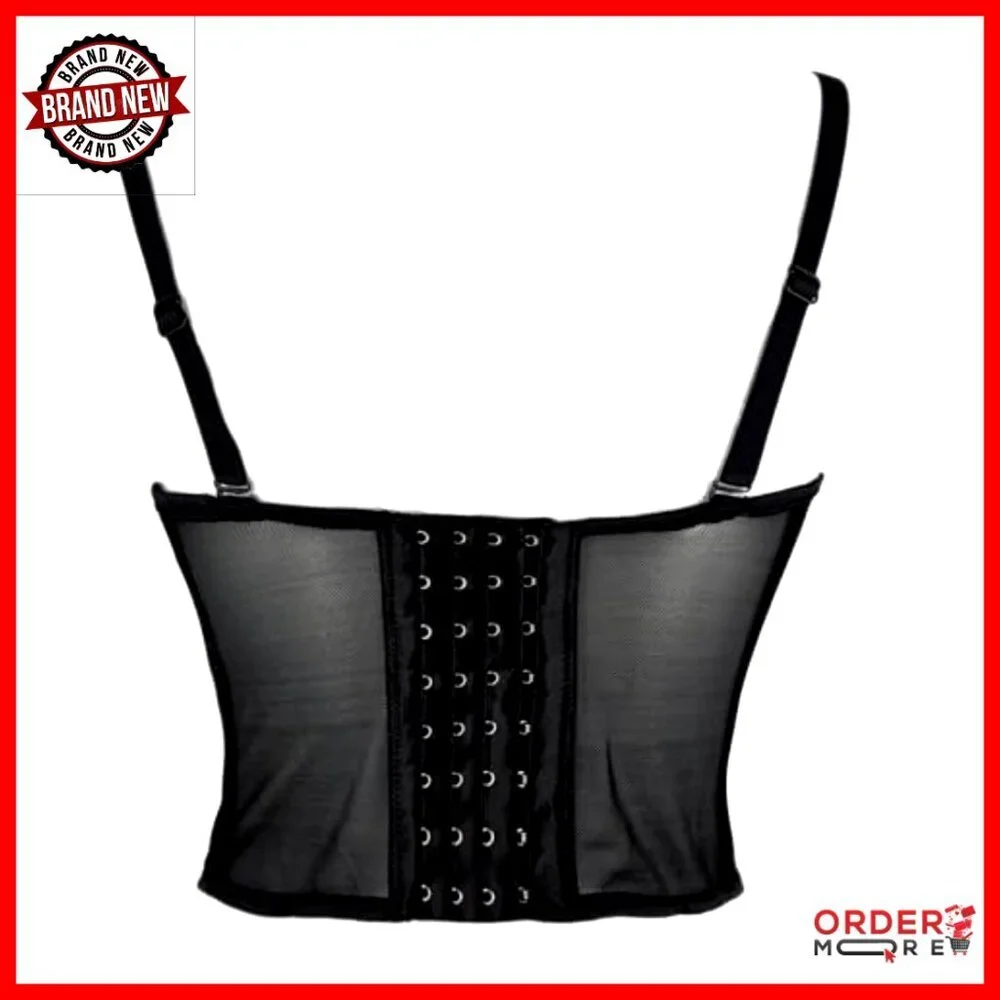 Sheer Mesh Corset Top with Pleated Cups Underwire Bustier Adjustable Straps - Picture 3 of 7